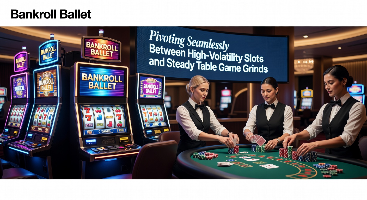 Player at a slot machine transitioning to a blackjack table, symbolizing bankroll pivoting in casino gaming