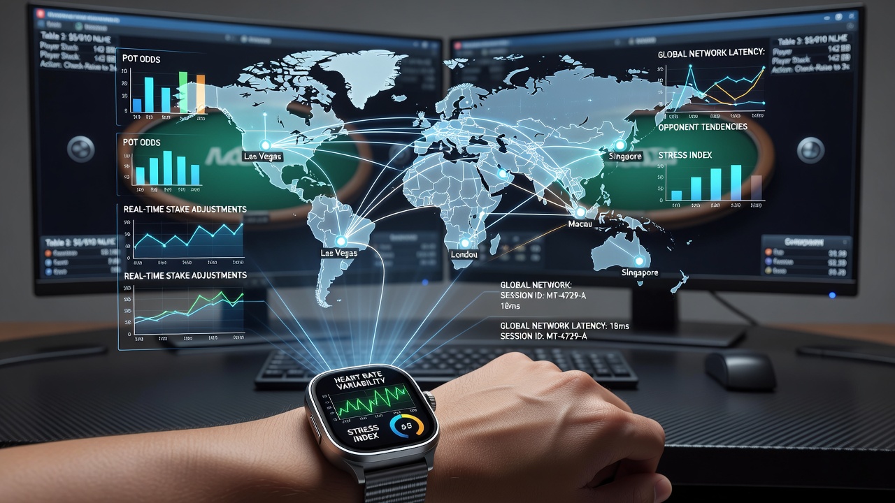 Biometric sensors and poker interface displaying real-time heart rate and stake adjustments during online sessions