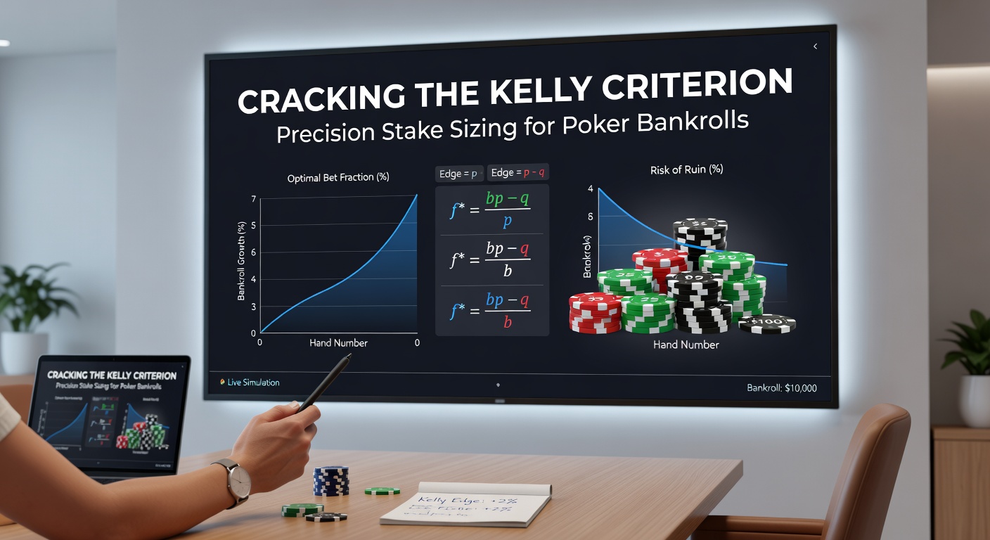 Poker player at a table reviewing bankroll charts on a laptop, with Kelly Criterion formulas overlaid for stake calculations