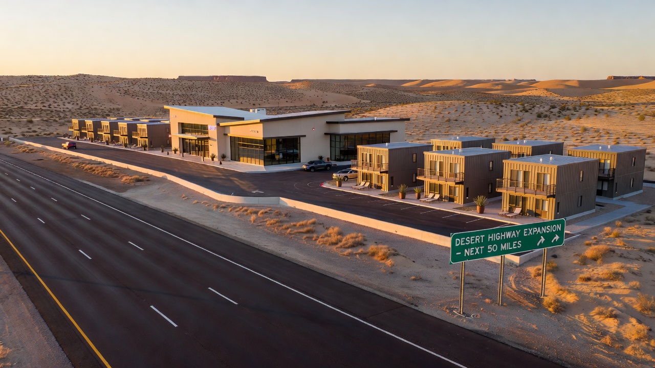 Remote casino outpost with highway visible in the background and desert surroundings