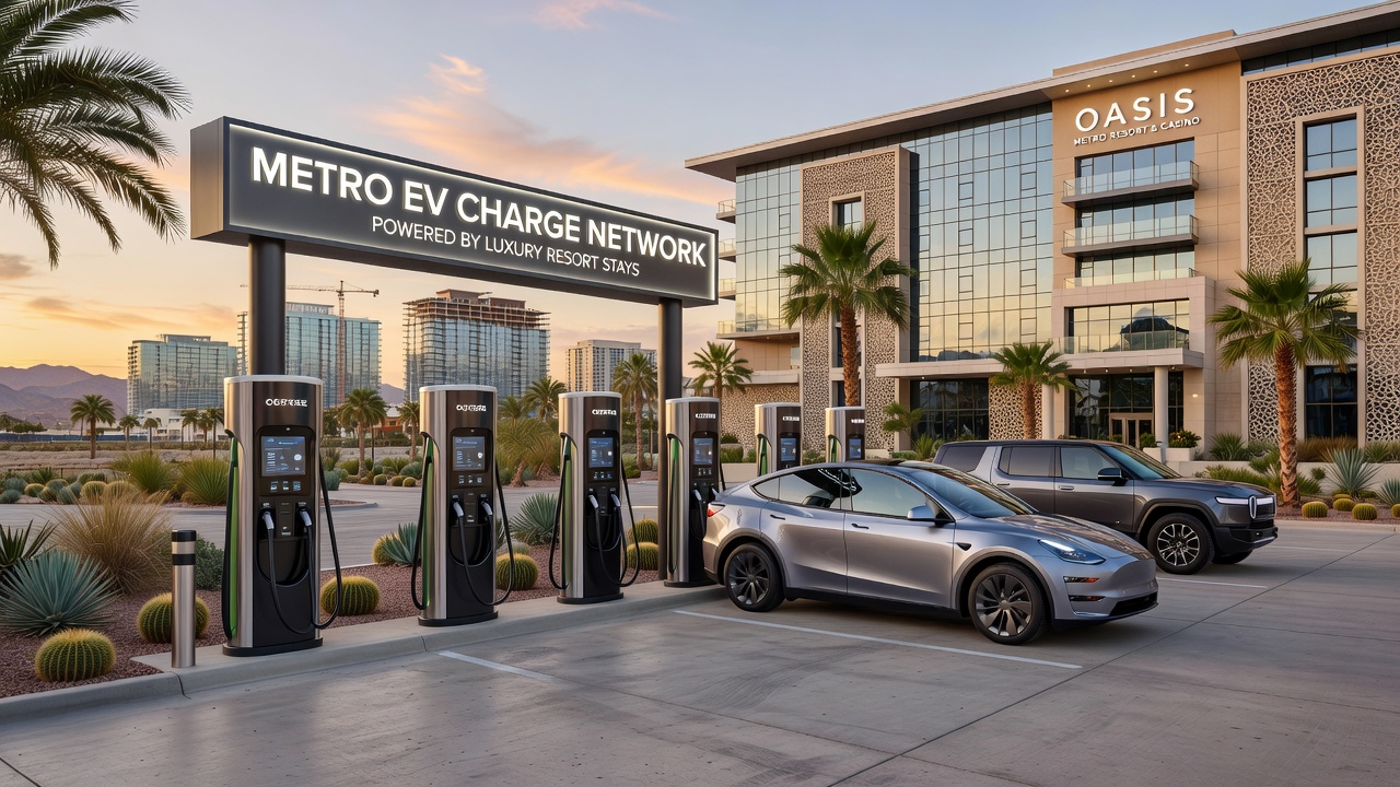 Electric vehicle charging stations integrated into resort casino parking facilities in a growing metropolitan area
