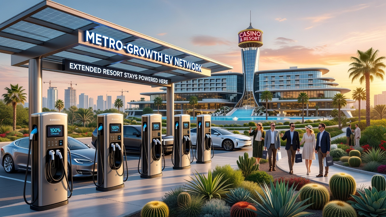 High-speed EV chargers serving resort casino visitors during peak evening hours in an expanding metropolitan region