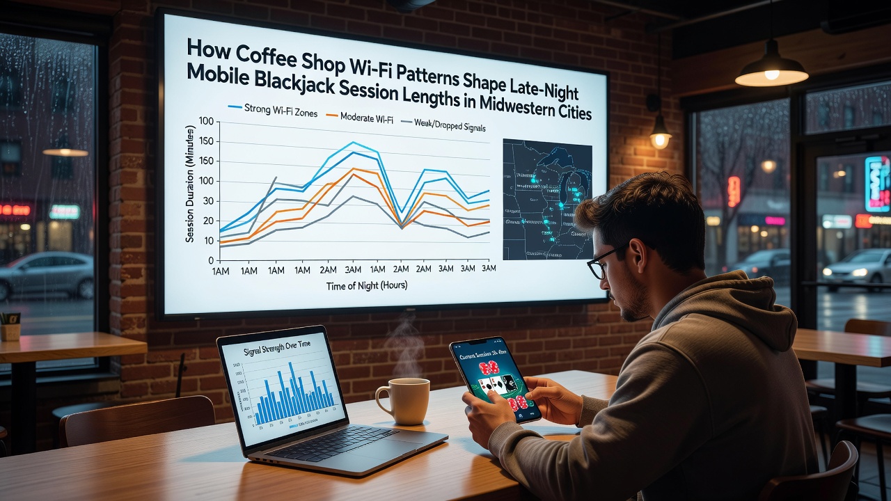 Laptop and smartphone on a cafe table showing a mobile blackjack game interface with coffee cup nearby