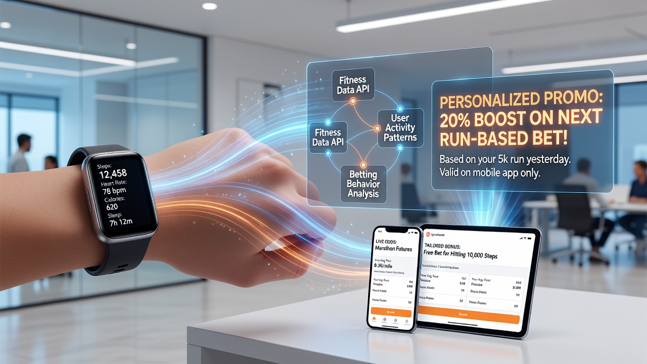 Mobile app interface displaying fitness tracker data alongside customized sportsbook bonus offers and redemption options