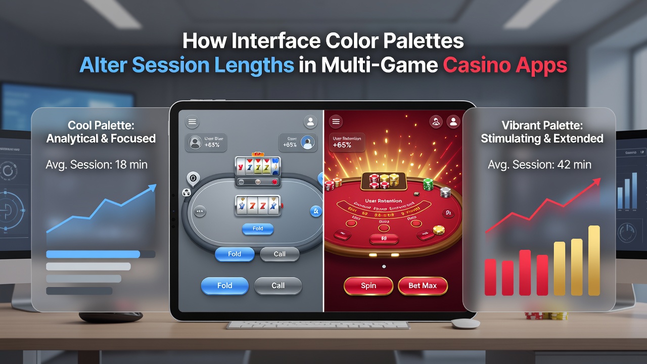 Side-by-side comparison of casino app screens showing different color temperature impacts on user flow
