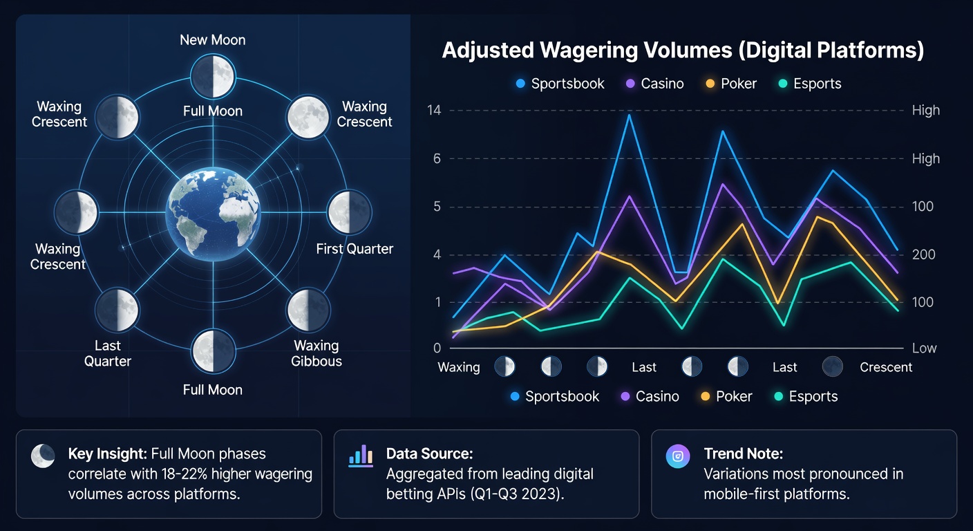 Analytical dashboard showing wagering volume curves plotted against lunar illumination percentages for multiple platforms