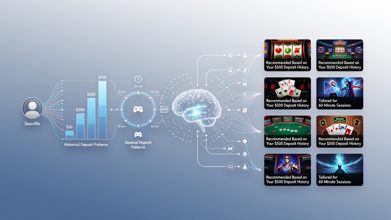 Visual representation of algorithmic decision flow showing deposit and session data inputs leading to game recommendations