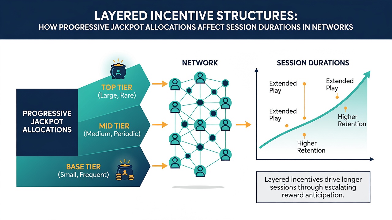 Chart displaying session duration data correlated with different progressive jackpot allocation percentages in networked environments