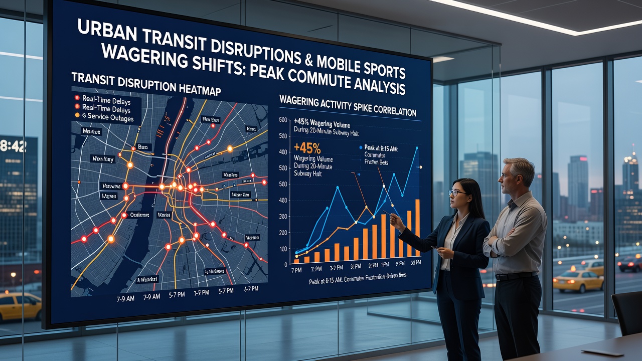 Chart displaying correlation between transit delay duration and percentage change in mobile sports betting volume during rush hours