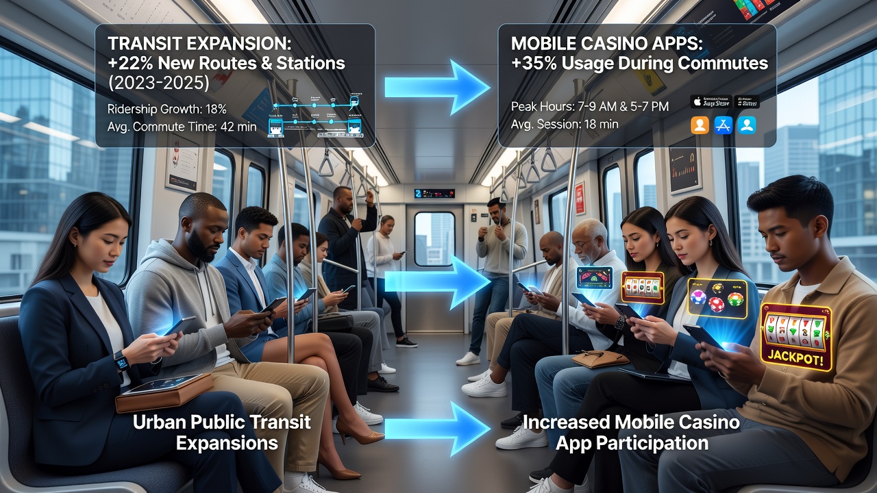Urban commuters using mobile devices on expanded public transit networks in a major city during peak hours