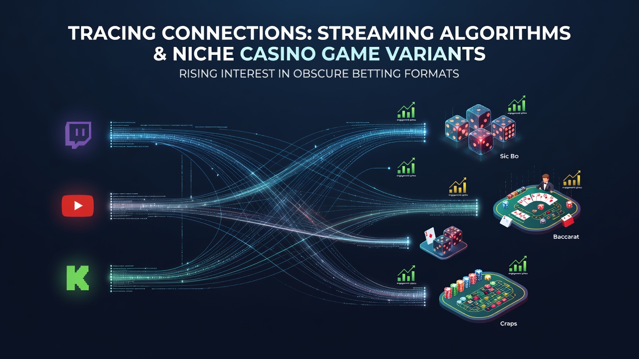 Streaming platform interface showing algorithm recommendations for niche casino game content alongside viewer engagement metrics