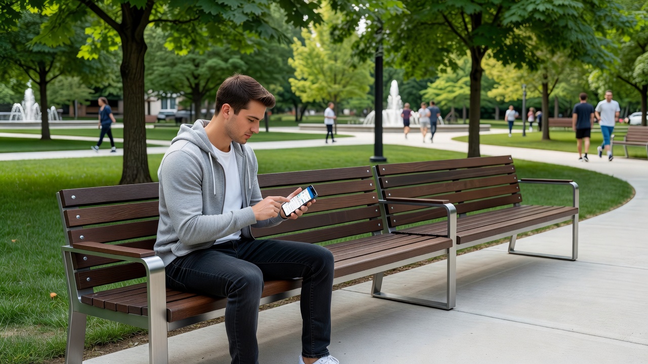 Close-up view of park benches occupied by individuals engaged with smartphones in late afternoon light